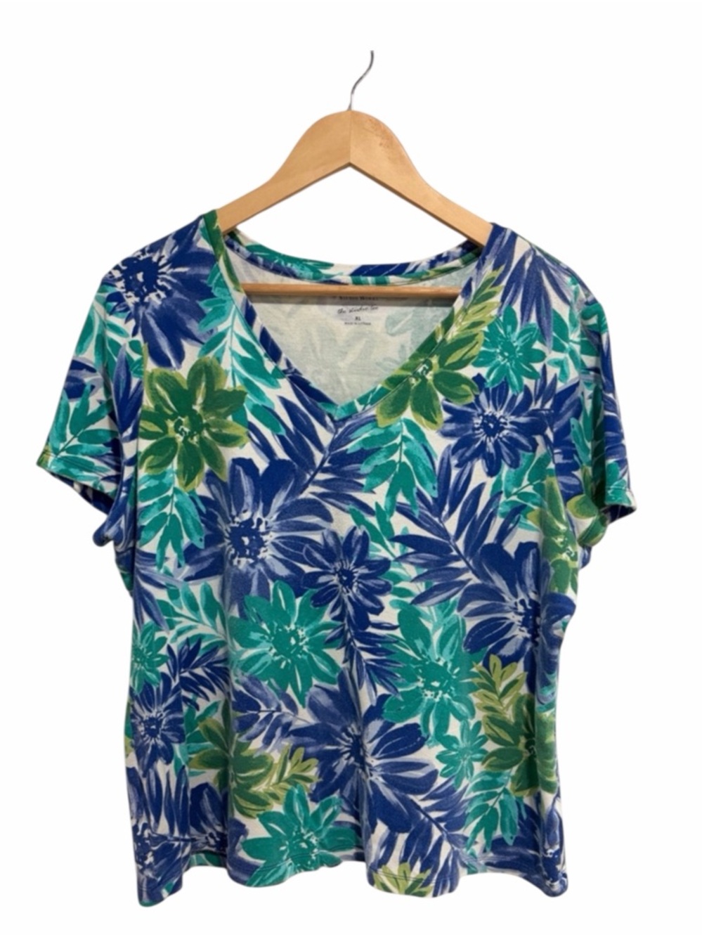 Studio Works The Studio Tee Women’s Blue Floral Short Sleeve Shirt Top Cotton
